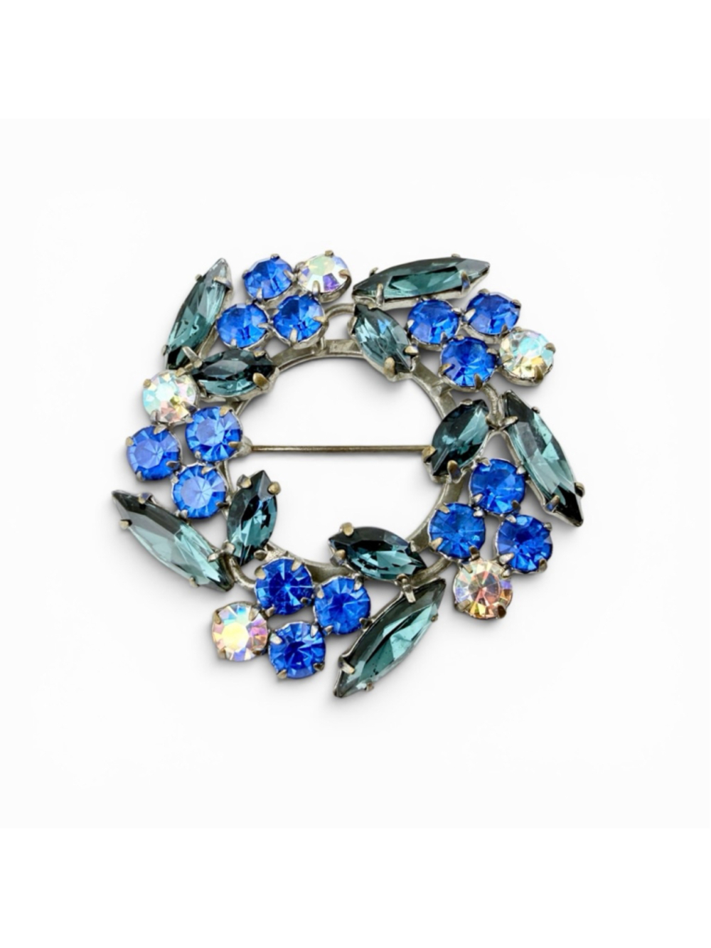 Vintage Austrian Crystal Wreath Brooch Blue Rhinestone AB Pin Mid Century